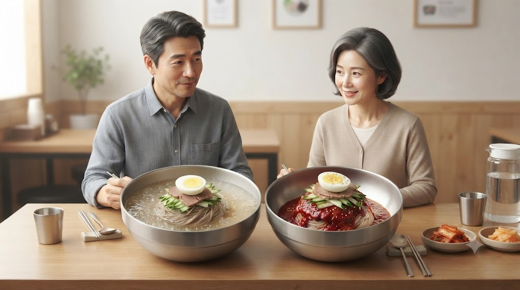 물냉면 비빔냉면 냉면집 식탁에 물냉면과 비빔냉면이 나란히 놓인 모습