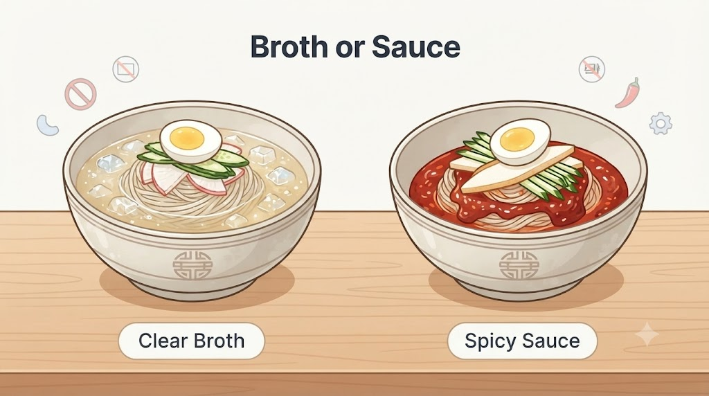 물냉면 비빔냉면 물냉면의 차가운 육수와 비빔냉면의 붉은 양념을 비교한 이미지