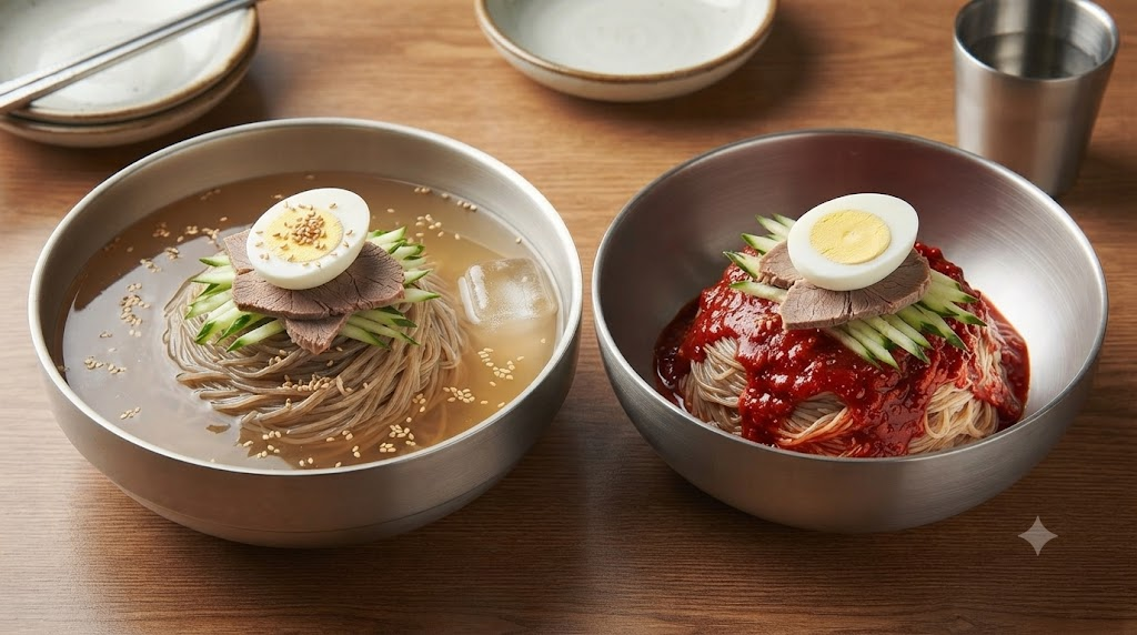 물냉면 비빔냉면 차가운 육수의 물냉면과 양념에 비빈 비빔냉면의 실제 음식 모습