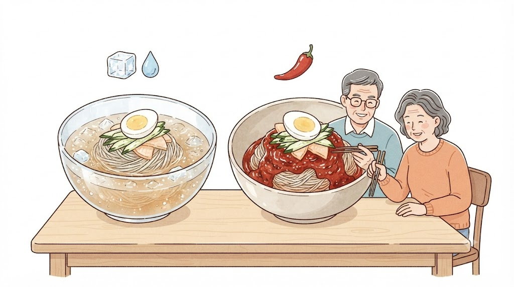 물냉면 비빔냉면 같은 면을 육수에 말거나 양념에 비벼 물냉면과 비빔냉면으로 나누는 방식