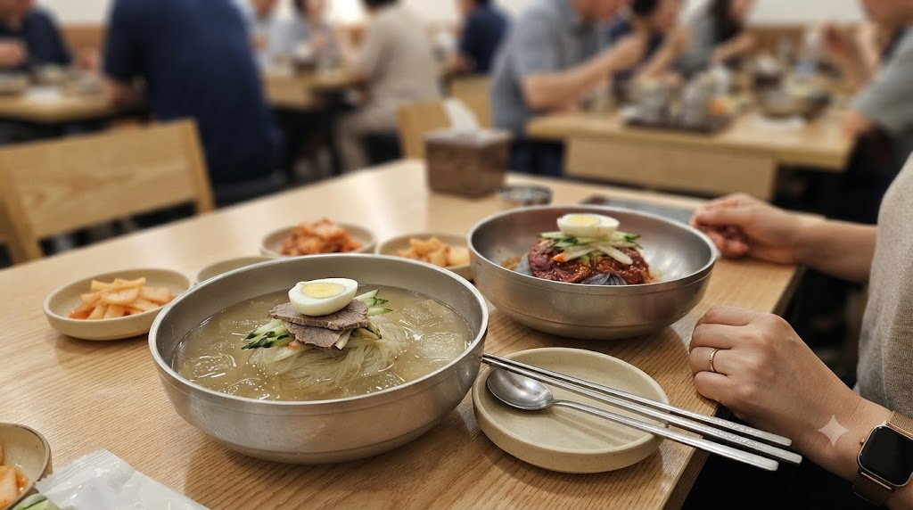 주문할 때 국물과 양념을 보고 고르는 물냉면 비빔냉면 식탁 장면