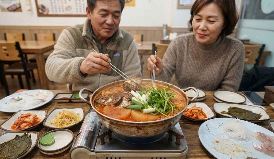 매운탕 이름 뜻 횟집 식탁에서 생선 머리와 무 대파가 끓고 있는 매운탕 냄비