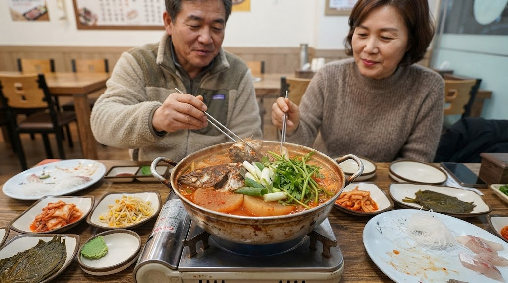 매운탕 이름 뜻 횟집 식탁에서 생선 머리와 무 대파가 끓고 있는 매운탕 냄비
