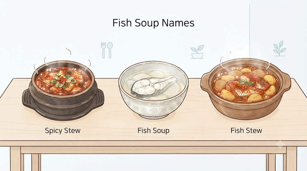매운탕 이름 뜻 매운탕 생선탕 생선찌개의 모습이 비슷해도 이름과 쓰임이 다를 수 있음을 비교한 삽화