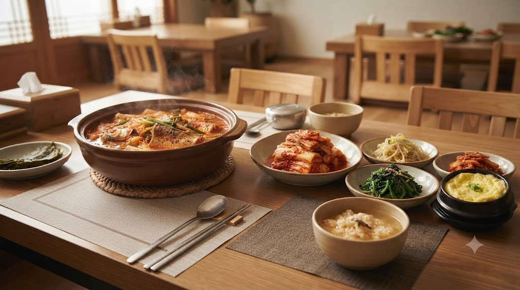 매운탕 이름 뜻 생선이 중심인 매운탕을 식당 메뉴 장면처럼 보여주는 식탁 사진