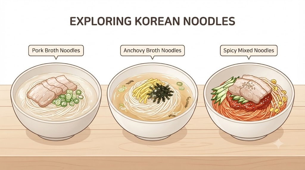고기국수 이름 뜻 고기국수와 멸치국수,비빔고기국수의 국물과 조리 방식 차이를 비교한 삽화