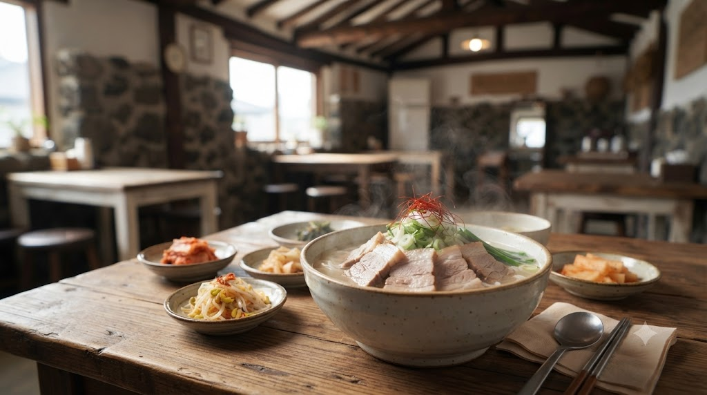 고기국수 이름 뜻 제주 국수집 식탁에 차려진 고기국수와 반찬의 여행 식사 장면
