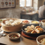 만두 이름 뜻 분식집 식탁에 찐만두와 군만두가 함께 놓인 모습