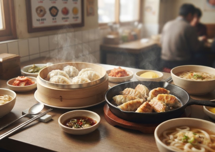 만두 이름 뜻 분식집 식탁에 찐만두와 군만두가 함께 놓인 모습