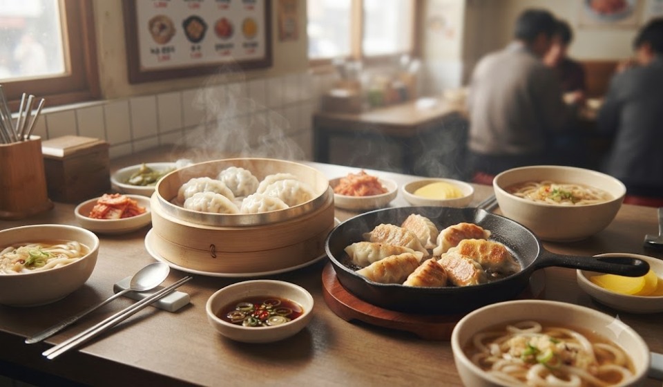 만두 이름 뜻 분식집 식탁에 찐만두와 군만두가 함께 놓인 모습