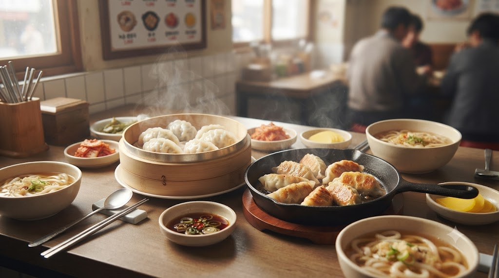 만두 이름 뜻 분식집 식탁에 찐만두와 군만두가 함께 놓인 모습