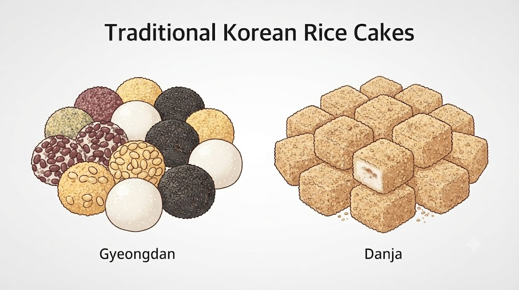 경단 이름 뜻 경단과 단자의 모양과 고물 차이를 나란히 보여주는 비교 삽화