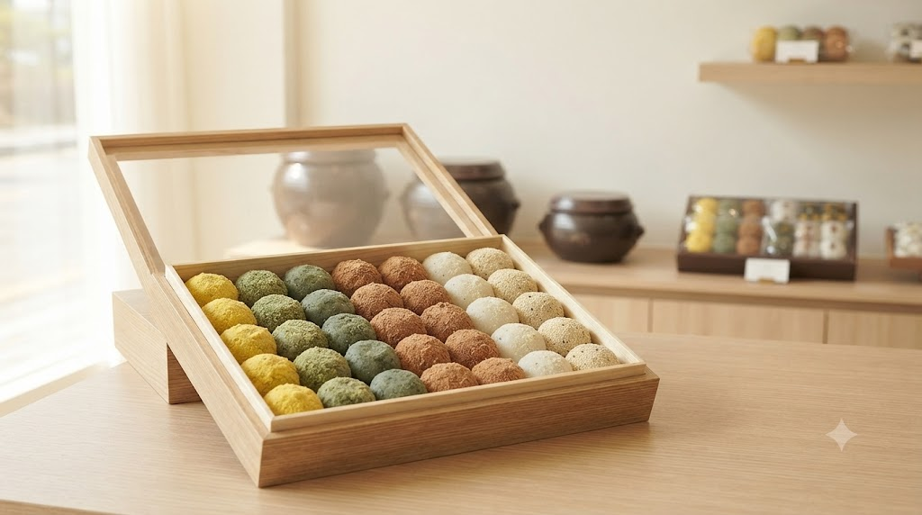 경단 이름 뜻 찹쌀경단과 수수경단 등 여러 종류가 담긴 떡집 경단 상자