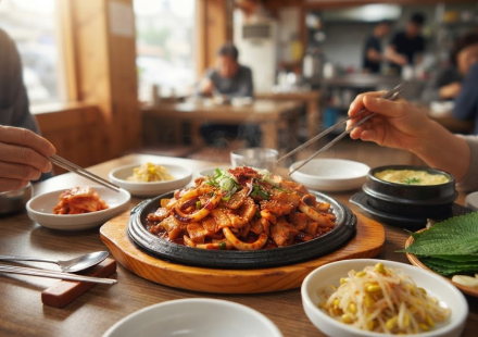 오삼불고기 이름 뜻 한식당 식탁에 놓인 오징어와 삼겹살 오삼불고기