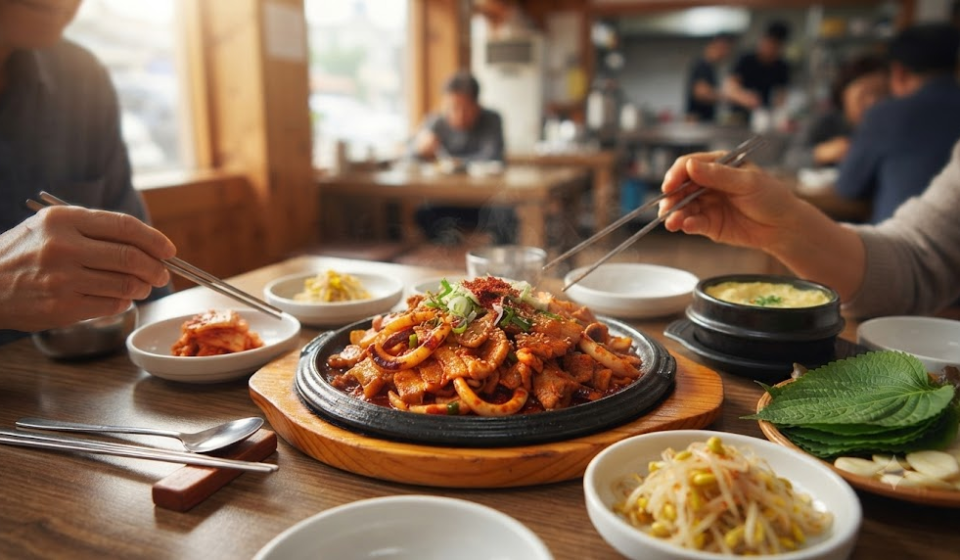 오삼불고기 이름 뜻 한식당 식탁에 놓인 오징어와 삼겹살 오삼불고기