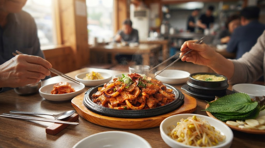 오삼불고기 이름 뜻 한식당 식탁에 놓인 오징어와 삼겹살 오삼불고기