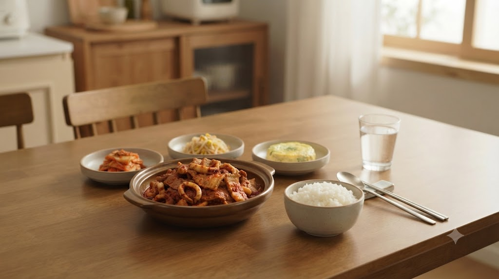 오삼불고기 이름 뜻 밥과 반찬을 곁들인 오삼불고기 한 상