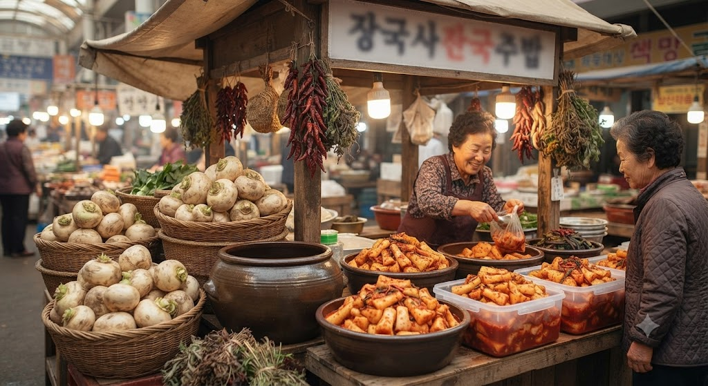 강화순무김치 이름 뜻 강화 지역 시장에서 순무와 여러 형태의 순무김치를 함께 판매하는 모습