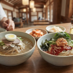 냉면 막국수 냉면과 막국수 두 그릇이 나란히 놓인 여름 식당 상차림