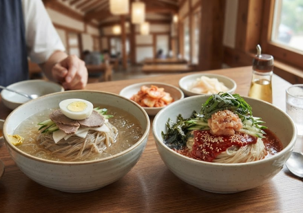 냉면 막국수 냉면과 막국수 두 그릇이 나란히 놓인 여름 식당 상차림