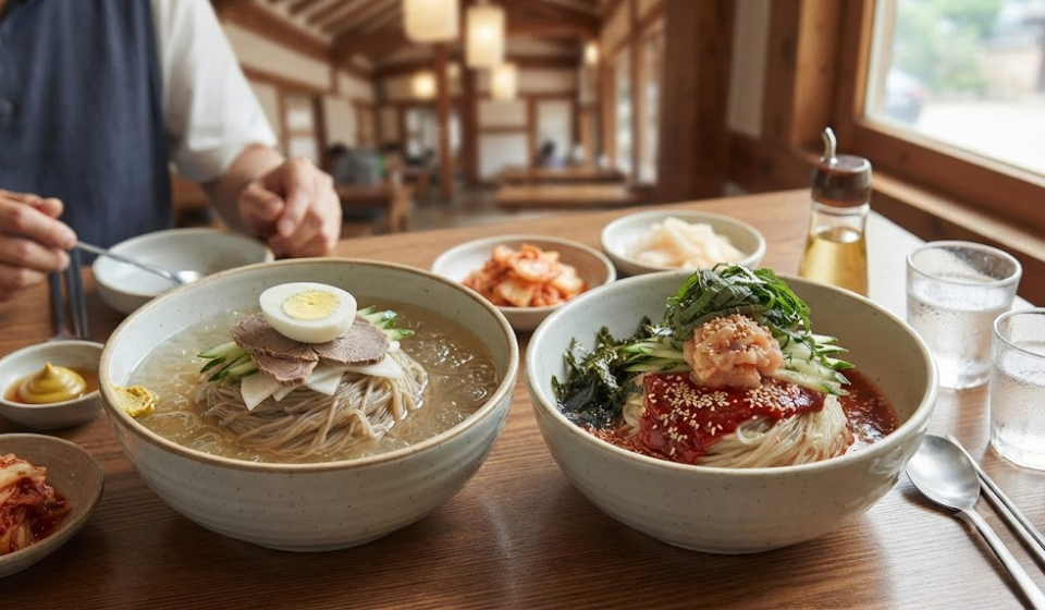 냉면 막국수 냉면과 막국수 두 그릇이 나란히 놓인 여름 식당 상차림