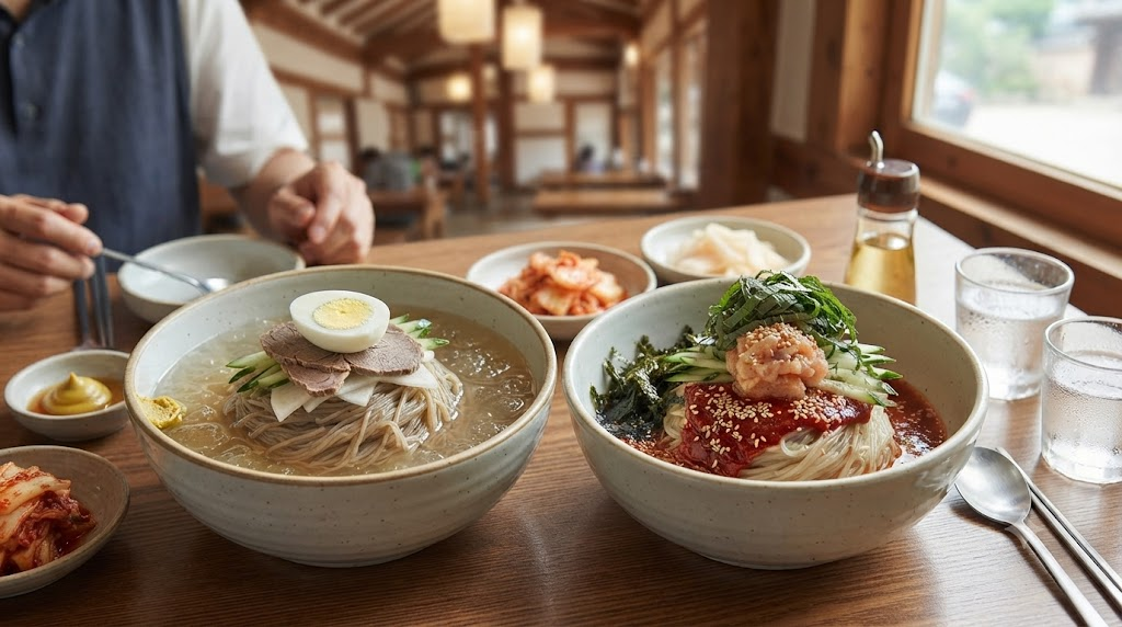 냉면 막국수 냉면과 막국수 두 그릇이 나란히 놓인 여름 식당 상차림