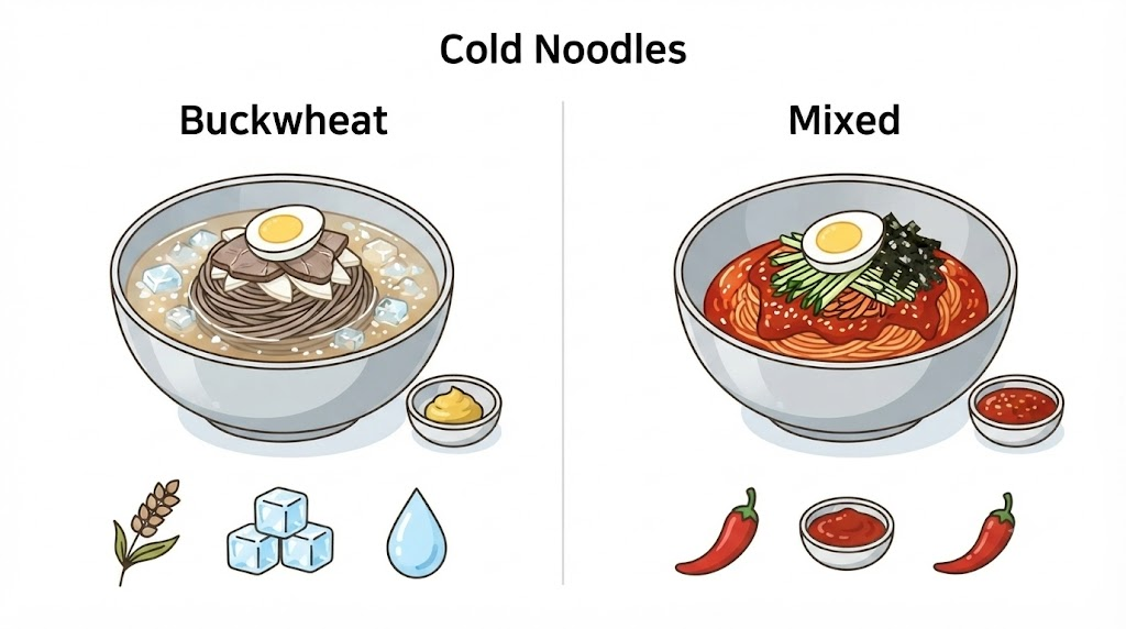 냉면 막국수 냉면과 막국수의 면 재료와 먹는 방식을 비교한 설명 이미지