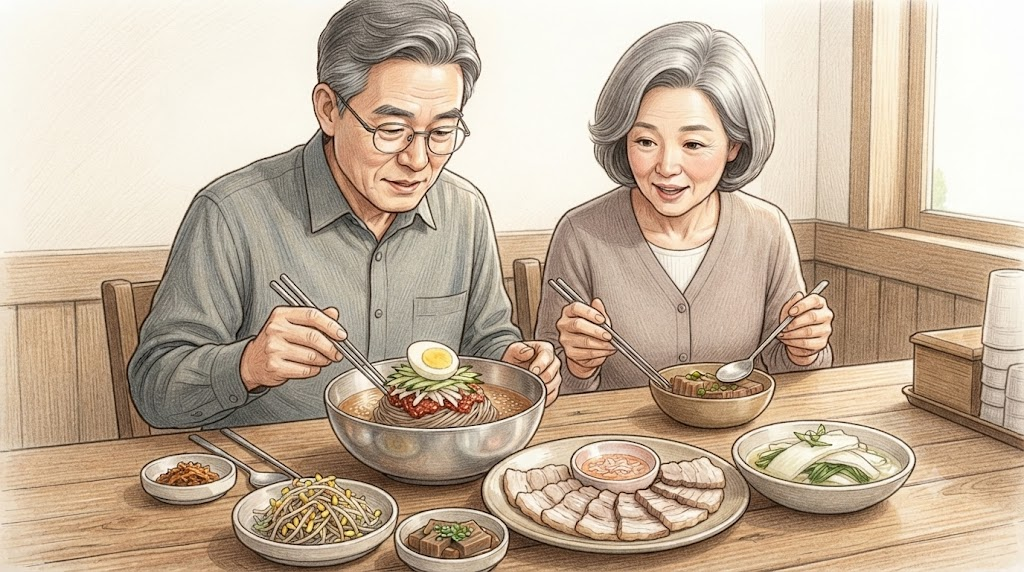 냉면 막국수 막국수와 수육이 함께 놓인 강원식 메밀 음식 상차림