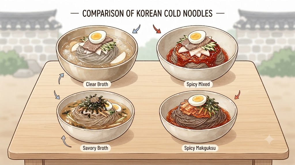 냉면 막국수 물냉면 비빔냉면 물막국수 비빔막국수의 모습을 비교한 삽화
