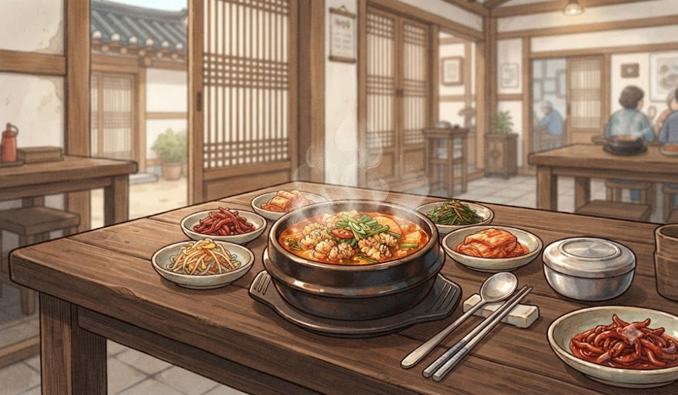 알탕 이름 뜻 해산물 식당 테이블 위 알탕 한 그릇과 생선 알 재료를 보여주는 장면