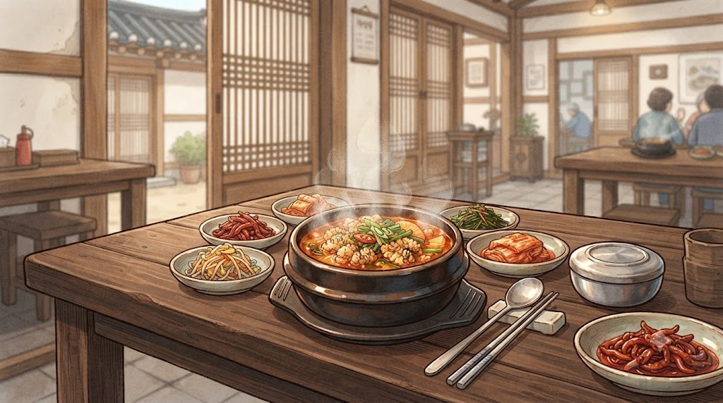 알탕 이름 뜻 해산물 식당 테이블 위 알탕 한 그릇과 생선 알 재료를 보여주는 장면