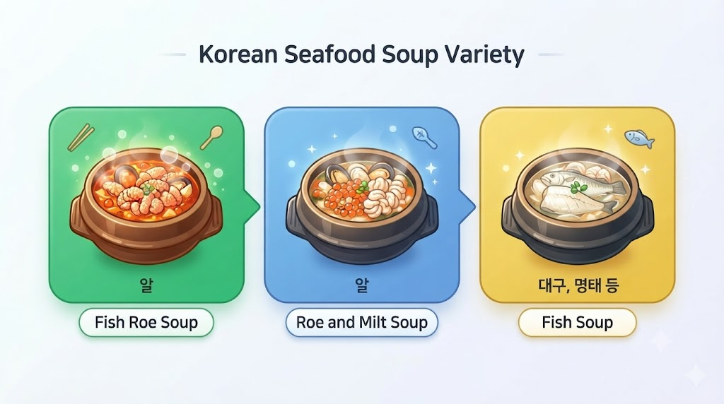 알탕 이름 뜻 알탕과 비슷한 해산물 국물 음식의 재료 차이를 보여주는 비교 삽화