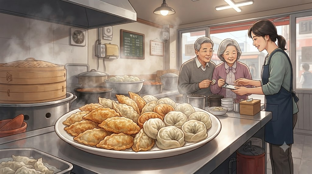 군만두 이름 뜻 분식집에서 군만두와 찐만두를 고르는 장면