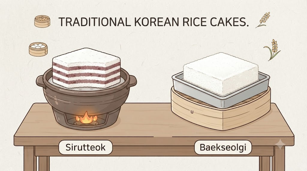 시루떡 이름 뜻 시루떡과 백설기의 차이를 보여주는 비교 삽화