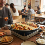 닭갈비 이름 뜻 철판 위에 담긴 양념 닭갈비와 식당 상차림 모습
