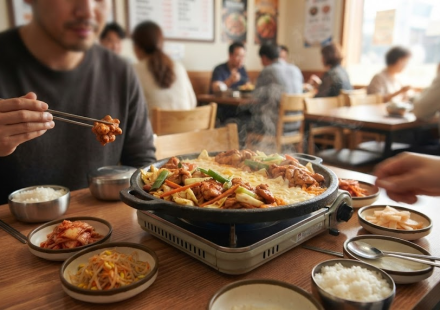 닭갈비 이름 뜻 철판 위에 담긴 양념 닭갈비와 식당 상차림 모습