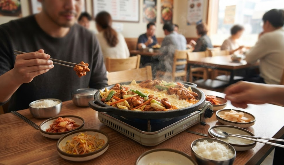 닭갈비 이름 뜻 철판 위에 담긴 양념 닭갈비와 식당 상차림 모습