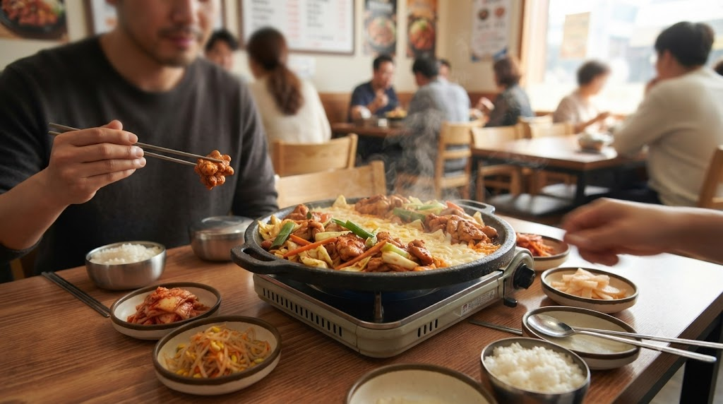 닭갈비 이름 뜻 철판 위에 담긴 양념 닭갈비와 식당 상차림 모습
