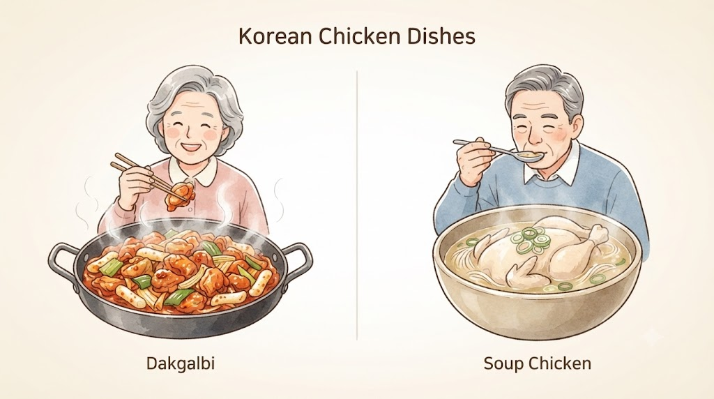 닭갈비 이름 뜻 닭갈비와 국물 닭요리의 차이를 보여주는 비교 삽화