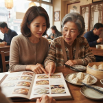 물만두 이름 뜻 중식당 메뉴판과 여러 종류의 만두가 놓인 식탁 장면