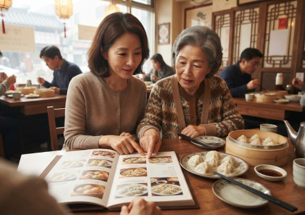 물만두 이름 뜻 중식당 메뉴판과 여러 종류의 만두가 놓인 식탁 장면