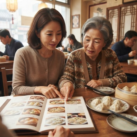물만두 이름 뜻 중식당 메뉴판과 여러 종류의 만두가 놓인 식탁 장면