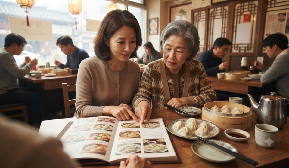 물만두 이름 뜻 중식당 메뉴판과 여러 종류의 만두가 놓인 식탁 장면