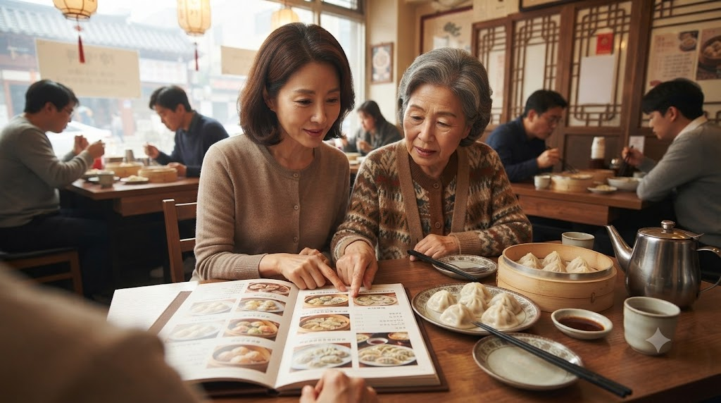 물만두 이름 뜻 중식당 메뉴판과 여러 종류의 만두가 놓인 식탁 장면