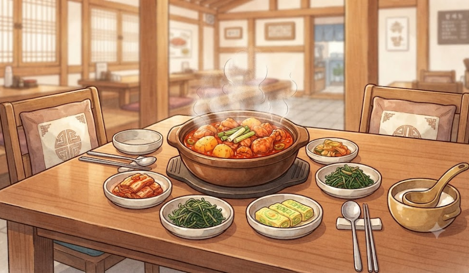 닭볶음탕 이름 뜻 메뉴판 속 닭볶음탕과 닭도리탕을 떠올리는 한식당 식탁 장면