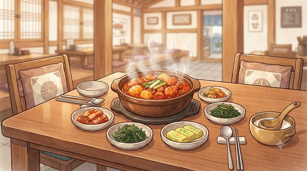 닭볶음탕 이름 뜻 메뉴판 속 닭볶음탕과 닭도리탕을 떠올리는 한식당 식탁 장면