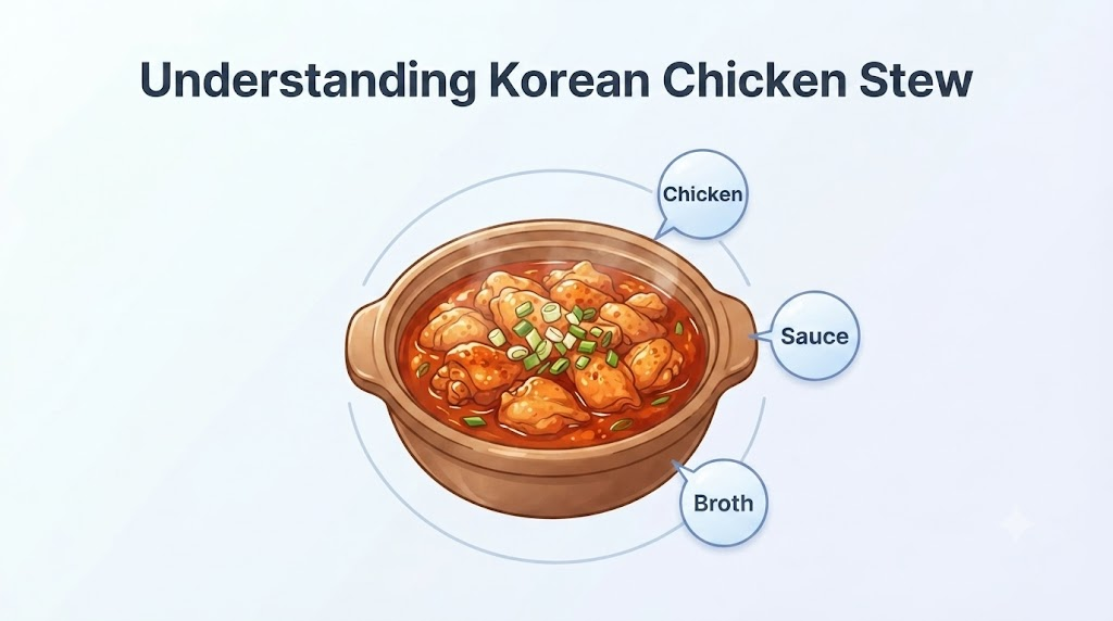 닭볶음탕 이름 뜻 닭볶음탕 이름 속 재료와 국물 의미를 설명하는 인포그래픽