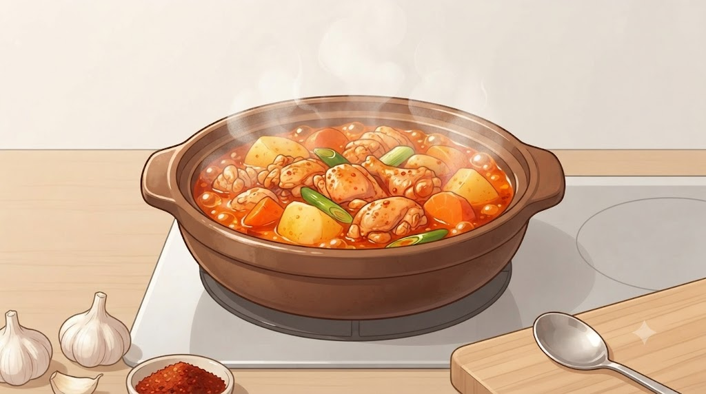 닭볶음탕 이름 뜻 닭볶음탕 재료와 조리 과정을 보여주는 냄비 요리 장면
