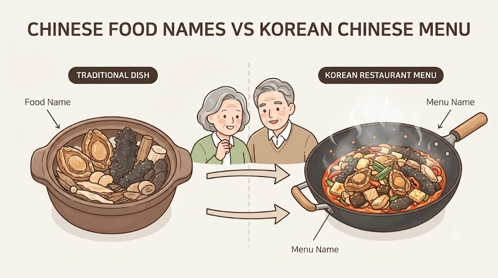 잡탕밥 이름 뜻 중국 음식명과 한국식 중식 메뉴명 차이를 설명하는 삽화