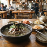 봉평메밀국수 이름 뜻 여행지 식당 상에 놓인 메밀국수와 반찬